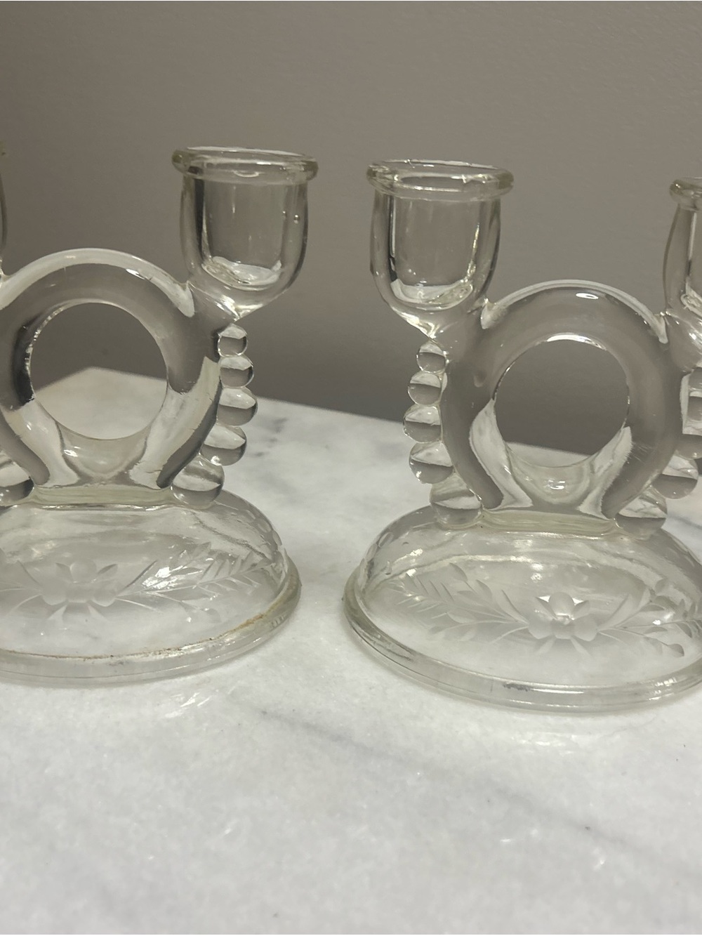 Pair of Clear vintage Glass Double Candleholders with Embossed Floral Base